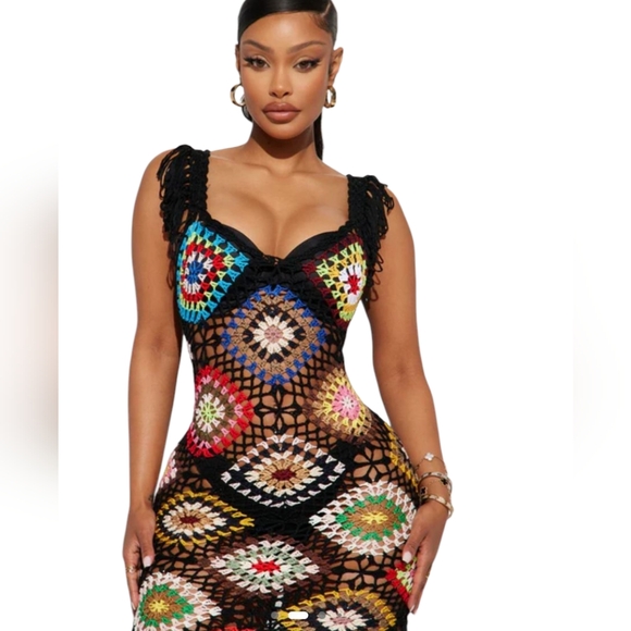 Coastal Cruise Crochet Maxi Dress/Coverup Black/Multi Size Small/Medium - Picture 2 of 9